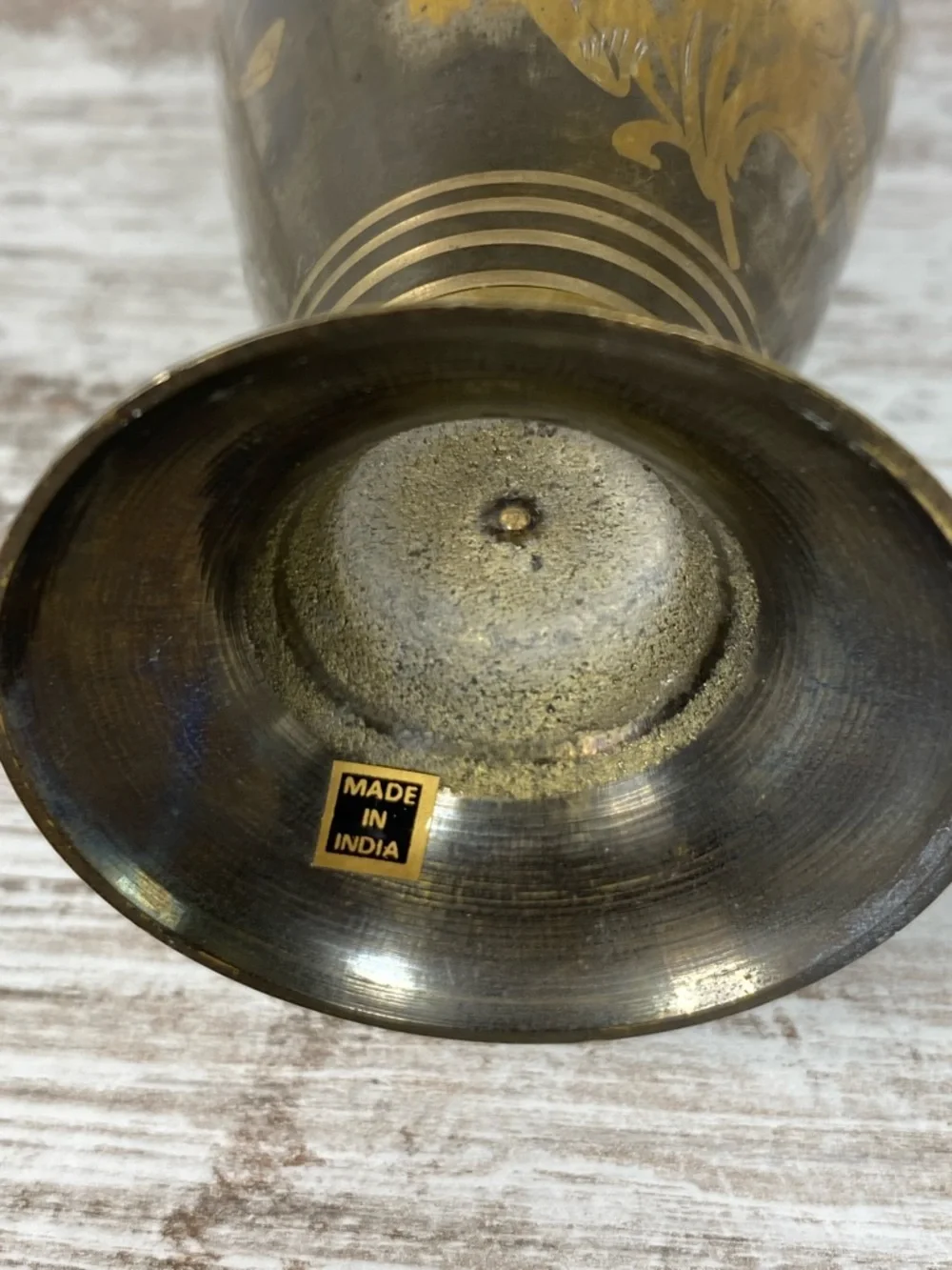 Vintage Brass Vase Etched Floral Made in India Patina Distressed 8”